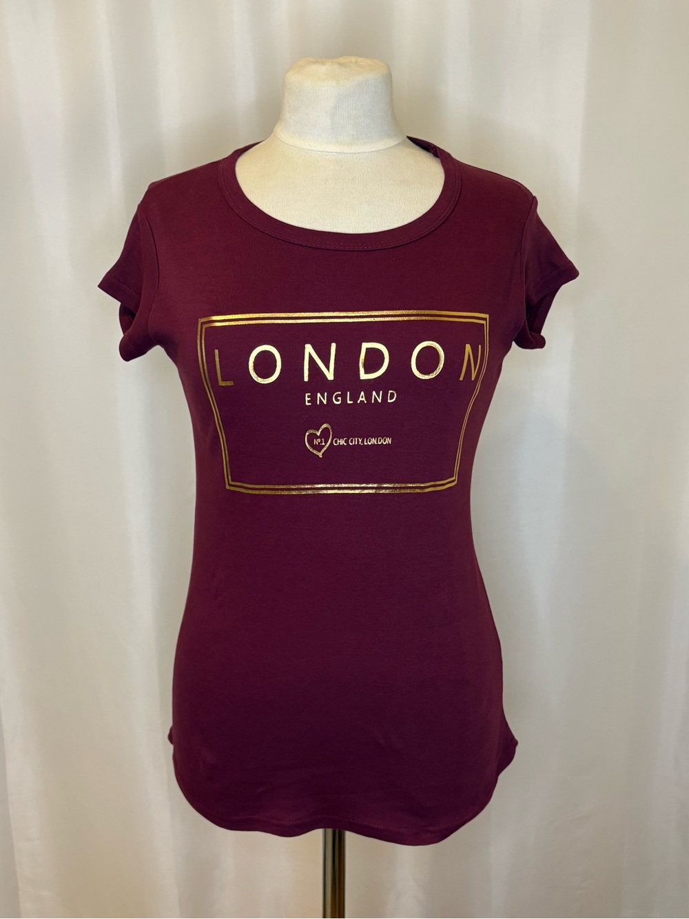 Women's Short-Sleeve London Graphic Tee - Burgundy with Gold Print